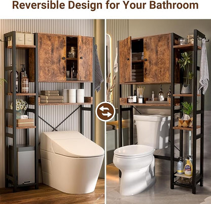 Over The Toilet Storage Cabinet with Doors - 7 Tier Bathroom Organizer with Adjustable Shelf, Freestanding Space Saver Rack Above Toilet Stand with 4 Hooks for Bathroom, Restroom, Laundry, Rustic