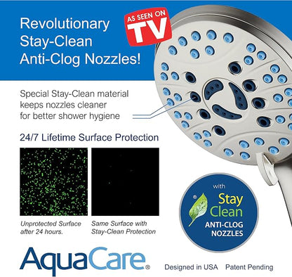 AquaCare 50-mode High Pressure Shower Head Combo with Arm & Dual Power Wash | Hygienic Jets, 2-mode Handheld Power Wash for Tub, Tile & Pets, Long 6 ft. Stainless Steel Hose, Extra Wall Bracket / Nickel