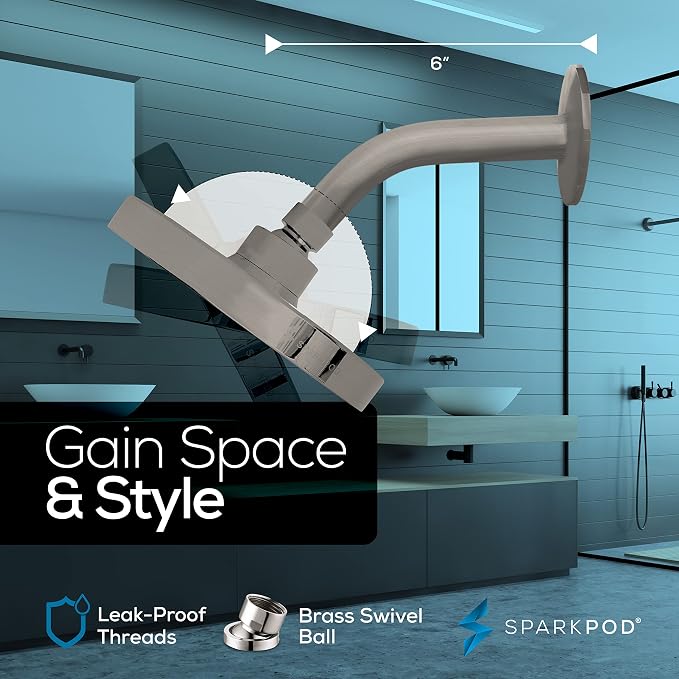 SparkPod 6" Rain Shower Head High Pressure w/ 6" Shower Arm, Brushed Nickel | High Pressure Shower Heads, 90 Nozzles, Adjustable Showerhead, No Tools Needed, Universal Connection, Gain Space & Style