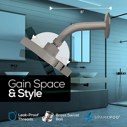 SparkPod 6" Rain Shower Head High Pressure w/ 6" Shower Arm, Brushed Nickel | High Pressure Shower Heads, 90 Nozzles, Adjustable Showerhead, No Tools Needed, Universal Connection, Gain Space & Style