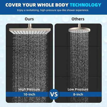 Hibbent cUPC Certified High Pressure 10'' Rain Shower Head, Brushed Nickel | Metal Square Bathroom Waterfall Thickness Shower Heads, High-flow Fixed Rainfall Showerheads, Adjustable Brass Ball Joint