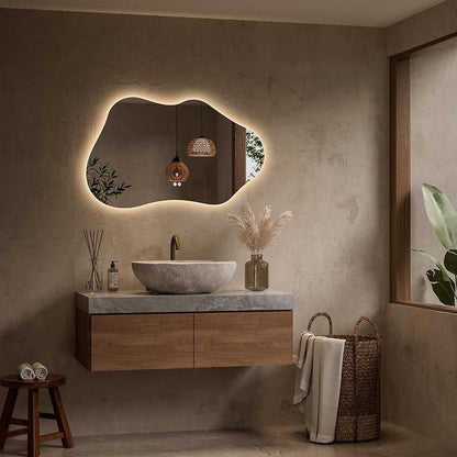 Keonjinn Irregular Backlit Bathroom Mirror 40 x 24 Inch, HD Tempered Glass | Asymmetrical Cloud LED Bathroom Mirror, 3000K/4500K/6000K, Dimmable, Fast & Safe Defog, Memory Function, Horizontal/Vertical