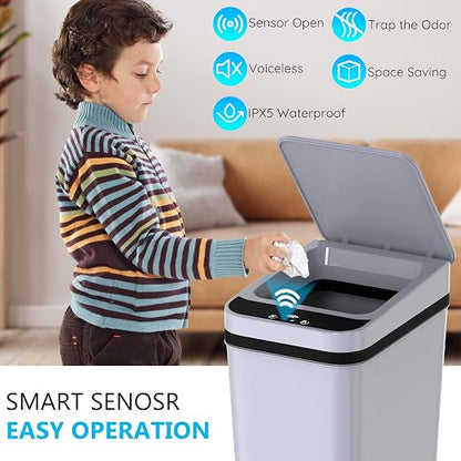 Bathroom Small Trash Can with Lid, Automatic Garbage Can, 2.6 Gallon | 3 Pack Touchless Slim Waterproof Motion Sensor Smart Trash Bin for Bedroom, Office, Living Room-White/Black/Grey