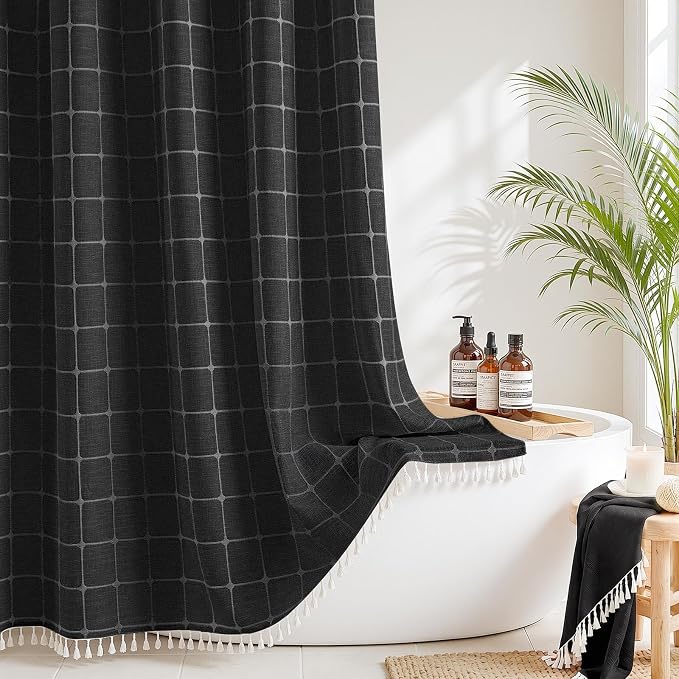 RiverDream Farmhouse No Hooks Shower Curtain with Snap-in Liner,Black,71x74 | Snap on Fabric Liner,Heavy Duty,Quick Dry,Mesh Top Window,With Bottom Magnets,Washable,with Tassels,Standard Size