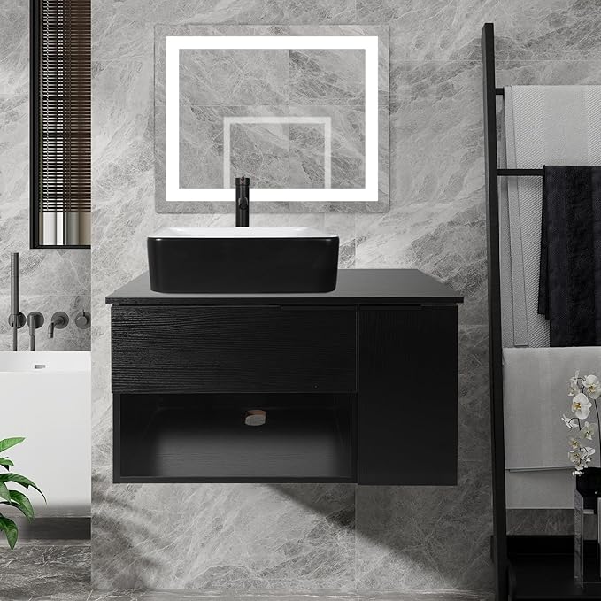 28 Inch Black Floating Bathroom Vanity with 1-Door and 1-Drawer, Modern Wall Mounted Cabinet with Black White Ceramic Vessel Sink Top