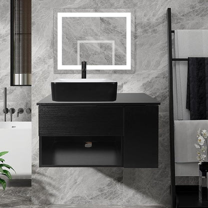 28 Inch Black Floating Bathroom Vanity with 1-Door and 1-Drawer, Modern Wall Mounted Cabinet with Black White Ceramic Vessel Sink Top