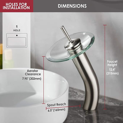 Waterfall Bathroom Faucet Glass Single Handle Solid Brass Basin Lavatory Vessel Sink Vanity Faucet,Tall,Brushed Nickel
