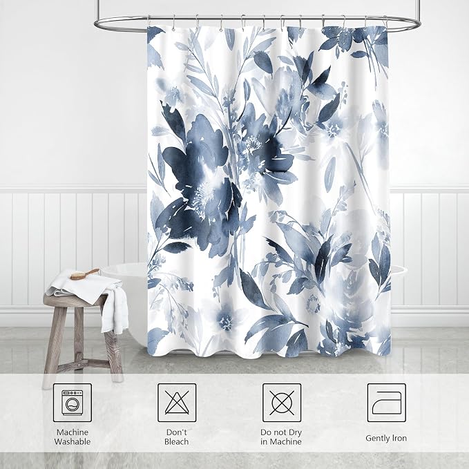 Floor to Ceiling Extra Long Flower Shower Curtain 72x96 Inch, Navy Blue | X-Long Tall 8 Ft Watercolor Floral Modern Abstract Bathroom Fabric Shower Curtain Set with Hooks, Blue White