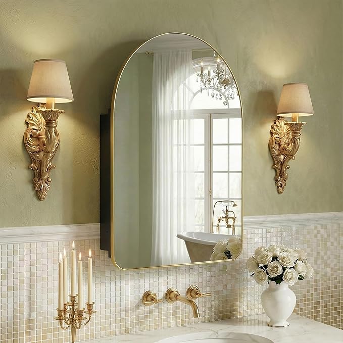 Casaphoria 24" H x 16" W Arched Wall Medicine Cabinets Mirrors, Bathroom Medicine Cabinet with Mirror, Metal Frame Wall Mirror Cabinet, Gold-G