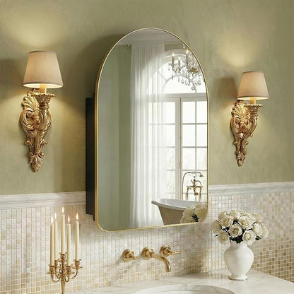 Casaphoria 24" H x 16" W Arched Wall Medicine Cabinets Mirrors, Bathroom Medicine Cabinet with Mirror, Metal Frame Wall Mirror Cabinet, Gold-G