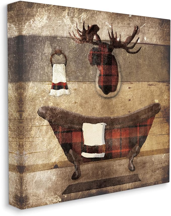 Stupell Industries 'Plaid Cabin Bathroom Country Wood Textured'| Canvas Art | Stupell Industries | 36 x 36 Inches, Easy to Hang and Sturdy, Made in USA, by Lauren Gibbons