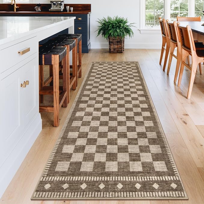 Garvee Washable Runner Rug 2x6 Checkered Non Slip Kitchen Rugs, Brown | Brown Entryway Rug Farmhouse Soft Bathroom Rugs Low Pile Stain Resistant Carpet for Hallway Laundry Bedroom 2'x6' Brown