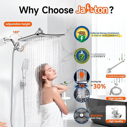 XXL 12.2" Rain Shower Head with Handheld Spray, High Pressure Combo | Height adjustable dual shower system with rainfall showerhead and handheld spray for bathroom upgrades and easy rinsing.