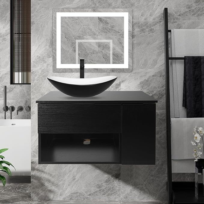 28-Inch Black Floating Bathroom Vanity with 1-Door and 1-Drawer, Modern Wall Mounted Cabinet with Black and White Boat Ceramic Vessel Sink