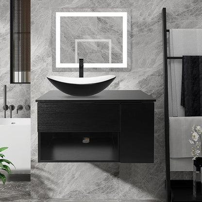 28-Inch Black Floating Bathroom Vanity with 1-Door and 1-Drawer, Modern Wall Mounted Cabinet with Black and White Boat Ceramic Vessel Sink