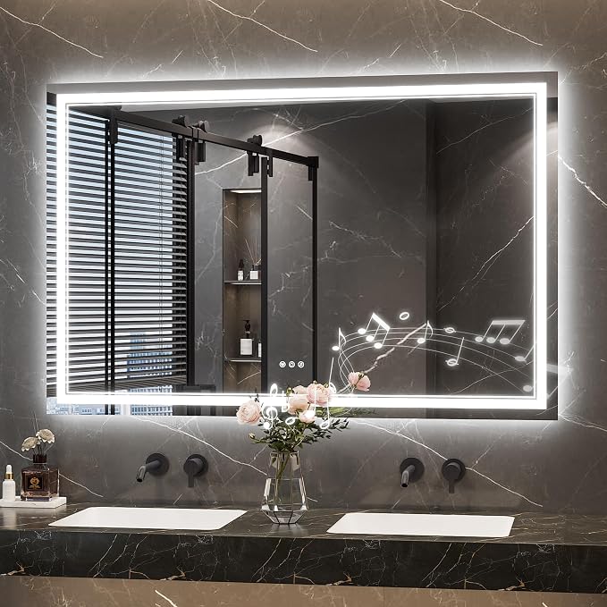 Keonjinn 55 x 36 Inch LED Bathroom Mirror with Lights, Bluetooth Speaker | Frontlit & Backlit Bluetooth Mirror Bathroom, 3000K/4500K/6000K, HD Tempered Glass, Dimmable, Fast & Safe Defogging, CRI90+
