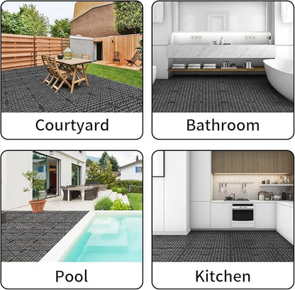 FAHKNS 50 Pack Interlocking Drainage Tiles, 12" x 12" Non-Slip Drainage Interlocking Floor Tiles, PVC Floor for Bathroom, Patio, Toilet, Kitchen Water Prone Areas, Black