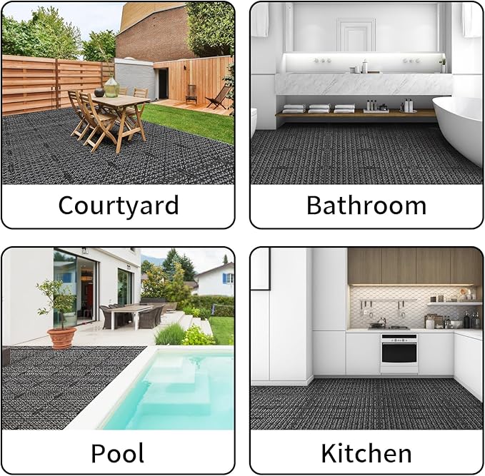 FAHKNS 12 PCS Interlocking Drainage Mat, 12“x12” Drainage Tiles Interlocking, PVC Non-Slip Splicing Interlocking Floor Tiles for Bathroom, Kitchen, Swimming Pool, Garden, Black
