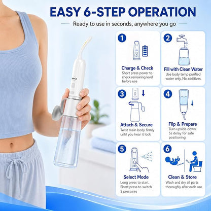 Xavilo Electric Portable Bidet for Travel, Rechargeable Handheld Sprayer | 350ml, 3 Modes, Warm Water Compatible, 150° Foldable Nozzle, IPX7 Waterproof, BPA Free, USB-C for Camping, Women & Men