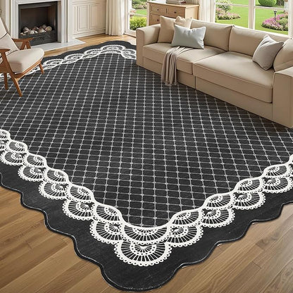 GarveeHome Washable 8x10 Area Rug Scalloped Black Rug, Modern Neutral Living Room Rugs, Large Scalloped Farmhouse Rug Abstract Bordered Carpet for Bedroom Apartment Table Dorm Nursery, Black