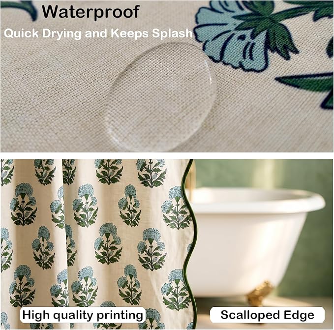Boomkin Block Print Scalloped Shower Curtain Set with 12 Hooks | Blue and Green Shower Curtain Linen Textured Cottage Core Floral Bathroom Curtain for Vintage Farmhouse Bathroom 72 x 72 Inch