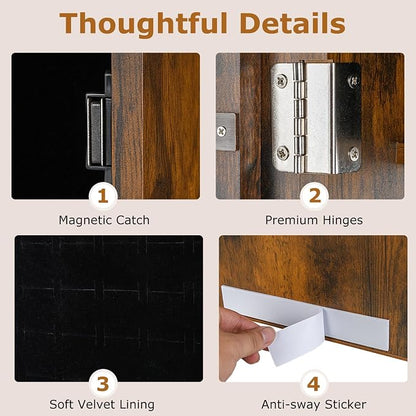 COSTWAY Full Length Mirror Jewelry Armoire, Wall Door Mounted Jewelry Cabinet Organizer with Makeup Mirror, Ring Slots and Necklace Hooks for Bedroom, Dressing Room (Rustic Brown)