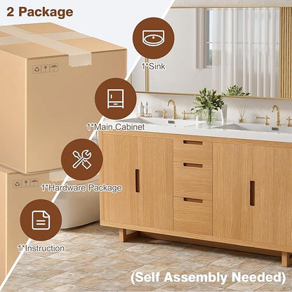 Merax Bathroom Vanity with Sink - 60 Inch Bathroom Vanity Double Sink, Freestanding Cabinet with 4 Doors & 3 Drawers, Space-Saving Storage Cabinet, Handle-Free Design,Nature Wood