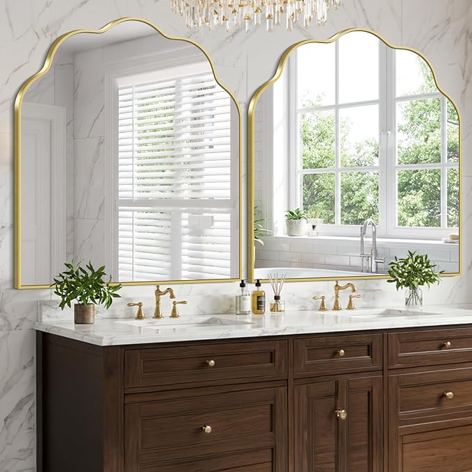 Gold Arched Mirror, 36×40Inch Scalloped Mirror for Bathroom, Wavy Wall Mounted Vanity Mirror with Aluminum Alloy Frame for Livingroom Bedroom and Entryway, Tempered Glass