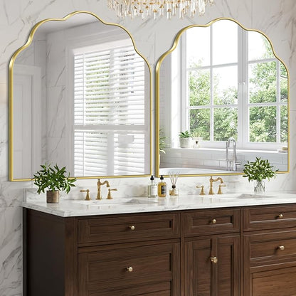 Gold Arched Mirror, 36×40Inch Scalloped Mirror for Bathroom, Wavy Wall Mounted Vanity Mirror with Aluminum Alloy Frame for Livingroom Bedroom and Entryway, Tempered Glass