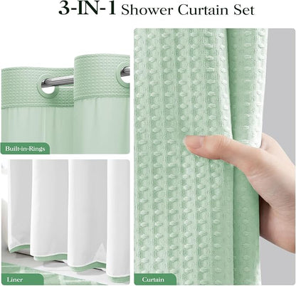 Mint Green Hook Free Waffle Shower Curtain & Snap-in Liner,72x81 | Less Time to install, 3 in 1 Fabric Shower Curtain and Liner Set with Magnets, Long, Shower Curtains for Bathroom