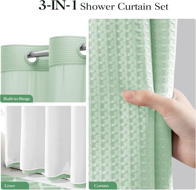 Mint Green Hook Free Waffle Shower Curtain & Snap-in Liner,72x75 | Less Time to install, 3 in 1 Fabric Shower Curtain and Liner Set with Magnets, Mesh Top Window, Shower Curtains for Bathroom