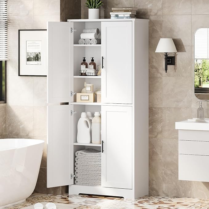 IDEALHOUSE Pantry Cabinet,70" Tall Kitchen Pantry Cabinet with 4 Doors and 3 Adjustable Shelves, Freestanding Cupboard, Modern Storage Cabinet for Bathroom, Dining Room, Living Room (White)