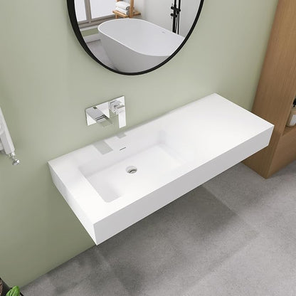 SJ STAR&JANE 47" x 19" Solid Surface Bathroom Single Vessel Sink, Wall Mounted Sink, Stone Resin Countertop With Single Bowl in Matte White Floating Vanity Sink Durable Modern Design