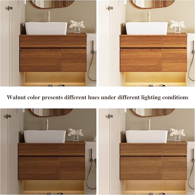 31.5 inch Wood Bathroom Vanity with Sink Combo, Wall Mounted Bathroom Cabinet with Ceramic Vessel Sink, 2 Soft Close Doors & Sliding Drawer, Floating Modern Bathroom Vanity for Small Space, Walnut