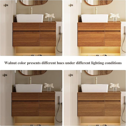 31.5 inch Wood Bathroom Vanity with Sink Combo, Wall Mounted Bathroom Cabinet with Ceramic Vessel Sink, 2 Soft Close Doors & Sliding Drawer, Floating Modern Bathroom Vanity for Small Space, Walnut