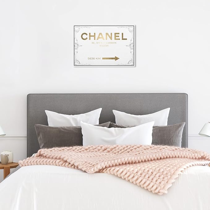 The Oliver Gal Artist Co. Typography and Quotes Contemporary Canvas Art - Couture Road Sign Rococo Gold, Wall Art for Living Room, Bedroom, and Bathroom, 24 in x 16, White and Gold Home Decor