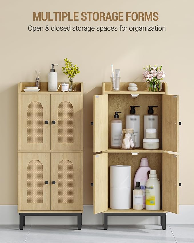 Bathroom Cabinet, Small Storage Cabinet with 4 Doors, Bathroom Organizers and Storage Cabinets with Adjustable Feet, Cabinets Freestanding for Living Room, Kitchen, 7.1"D x 14.6"W x 32.7"H