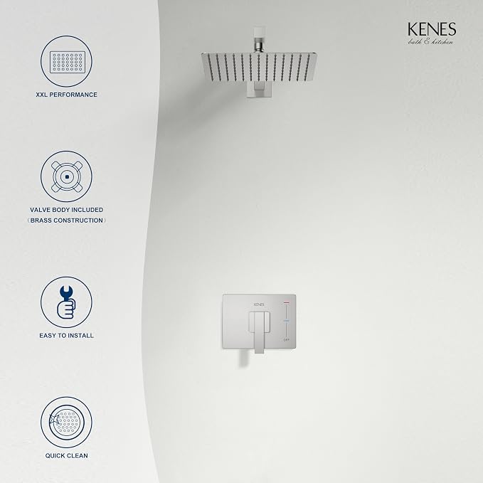 KENES Brushed Nickel Shower Head and Handle Set, Square Shower Faucet Set | Shower Faucet with 10-Inch Rain Shower Head, Square Shower System, Valve Included, Lead-Free cUPC & NSF Certified, Stainless