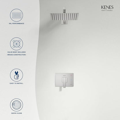 KENES Brushed Nickel Shower Head and Handle Set, Square Shower Faucet Set | Shower Faucet with 10-Inch Rain Shower Head, Square Shower System, Valve Included, Lead-Free cUPC & NSF Certified, Stainless
