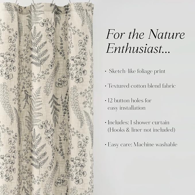 Lush Decor - Shower Curtain, Textured Linen Design, Botanical Dreams, Floral Bathroom Decor (Light Linen/Black, 72" x 72")