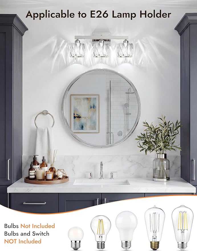 VOLISUN Crystal Vanity Lights for Bathroom, 3 Light Bathroom Vanity Light, Modern Stainless Steel Bathrooms Lights Over Mirror, Chrome Bathrooms Lights Fixtures-UL Certificated(Exclude Bulb)