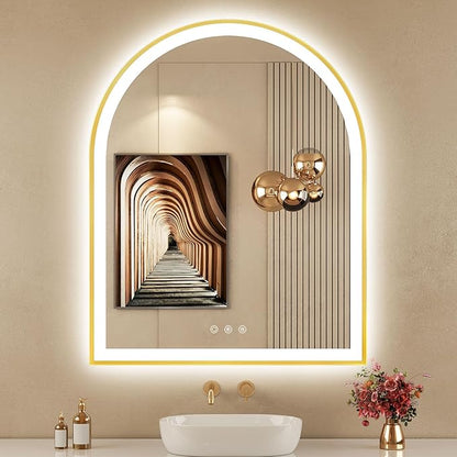 30"x36" Arched LED Mirror for Bathroom, Brushed Gold Lighted Bathroom Mirror with Lights, Fogless, Dimmable, Shatterproof, Touch Sensor, 3 Color Changing