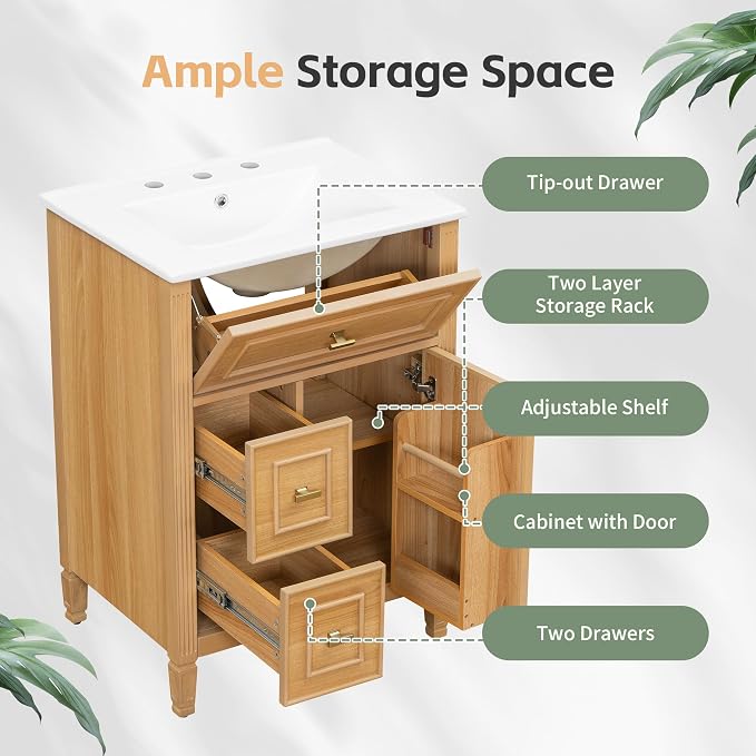 24" Modern Bathroom Vanity with Ceramic Sink, Solid Wood Frame Freestanding Storage Cabinet w/2 Drawers & Tilt-Out Drawer, Door Rack & Adjustable Shelf, Golden Metal Handles, Wood