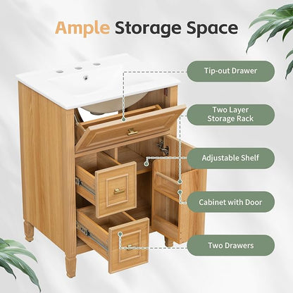 24" Modern Bathroom Vanity with Ceramic Sink, Solid Wood Frame Freestanding Storage Cabinet w/2 Drawers & Tilt-Out Drawer, Door Rack & Adjustable Shelf, Golden Metal Handles, Wood
