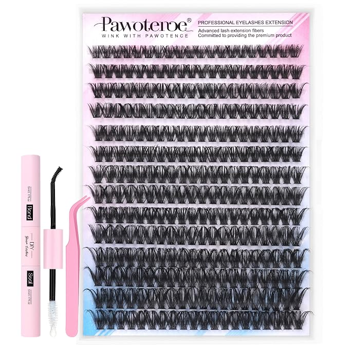 Lash Extension Kit DIY 280pcs Individual Lash Clusters Kit 50D 9-16mm Cluster Eyelash Extensions Kit with Lash Bond and Seal, Lash Tweezers for Self Application (50D, 0.07D, 9-16mm, Kit)