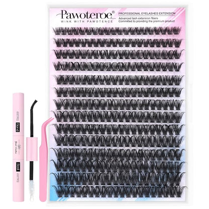 Lash Extension Kit DIY 280pcs Individual Lash Clusters Kit 50D 9-16mm Cluster Eyelash Extensions Kit with Lash Bond and Seal, Lash Tweezers for Self Application (50D, 0.07D, 9-16mm, Kit)
