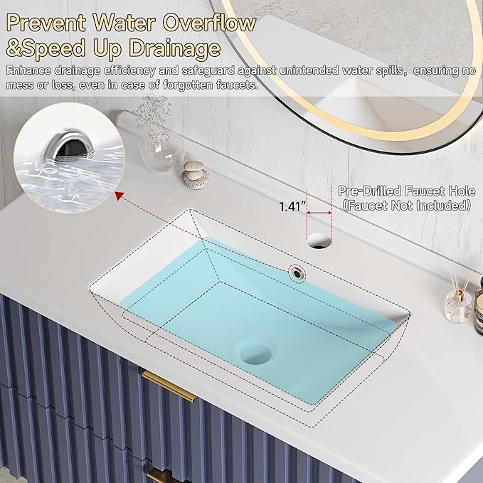 ONBRILL 36 Inch Bathroom Vanity with Sink Combo, Floating Bathroom Vanity with 2 Fluted Drawers & Metal Handle, Modern Wall Mount Storage Cabinet with Ceramic Integrated Sink for Small Space (Blue)