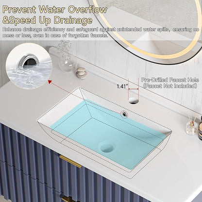 ONBRILL 36 Inch Bathroom Vanity with Sink Combo, Floating Bathroom Vanity with 2 Fluted Drawers & Metal Handle, Modern Wall Mount Storage Cabinet with Ceramic Integrated Sink for Small Space (Blue)