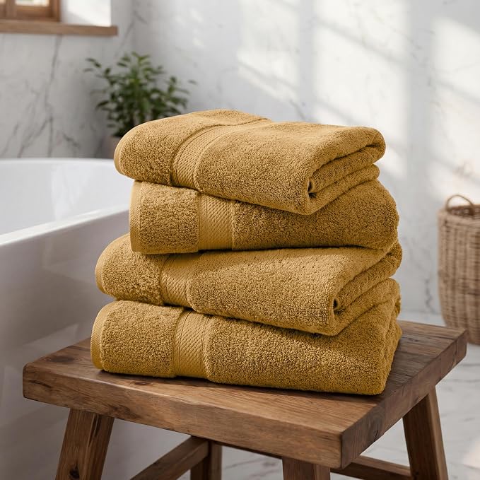 Superior Egyptian Cotton Plush & Absorbent, Bath Towel Set of 4, Gold | Quick Dry, Soft Luxury Towel Set, Bath Essentials for Bathroom, Guest Bath, Spa, 4 Piece Bath, Madeline Towels