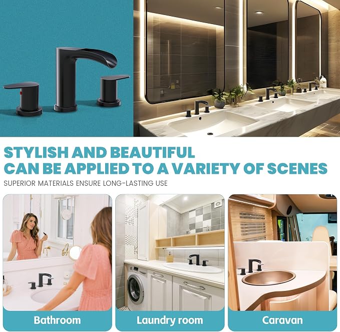 Black Bathroom Faucet - Waterfall Faucets Bathroom 8 Inch, 2 Handles Widespread Vanity Faucets 3 Holes for Lavatory Restroom RV Bathtub with Pop Up Drain & Supply Lines Matte Black